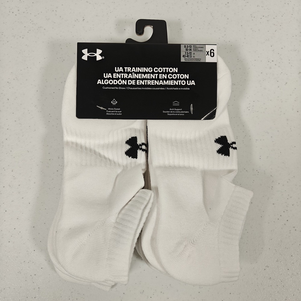 UNDER ARMOUR Men's 8.5-13 Training Cotton Cushioned No Show Socks 6-Pairs WHITE